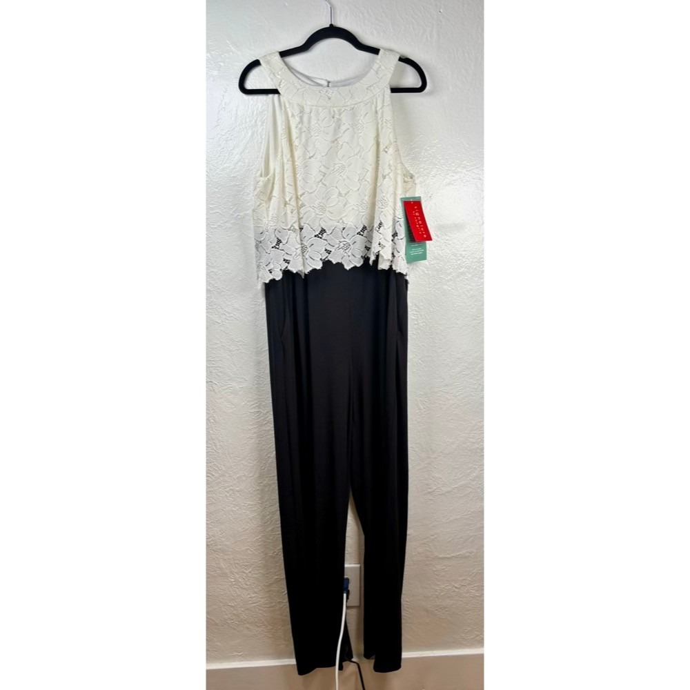 Signature by Sangria Jumpsuit 16 White Black Lace Overlay Wide Leg Wedding Guest